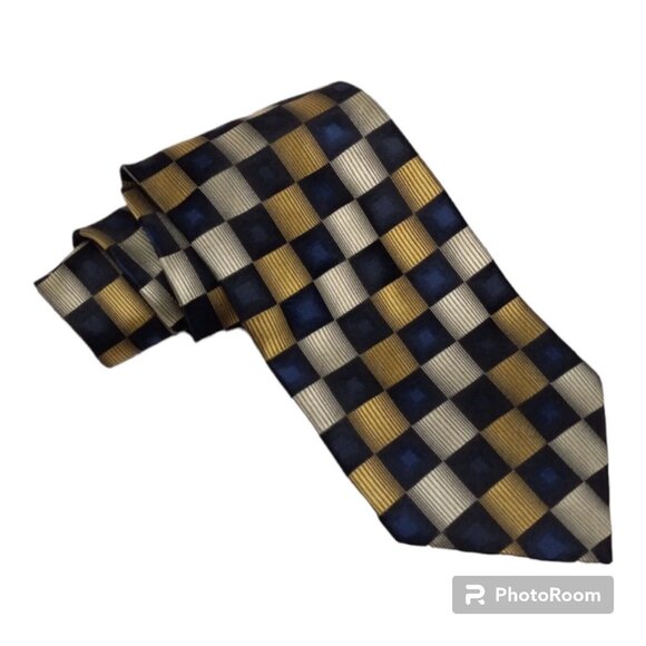 Roberto Villini Mens Navy Gold Geometric All Silk Necktie - Picture 1 of 10